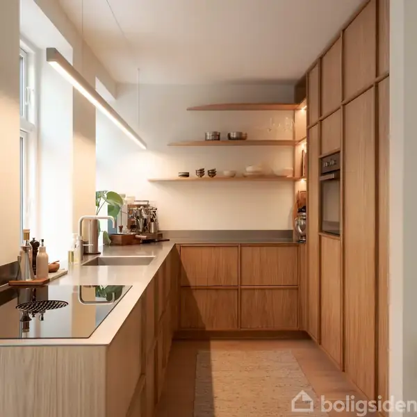 Et moderne køkken med træskabe og indbygget ovn. Kogepladerne er indlejret i en lys bordplade. Hylder med skåle og krus pryder væggen. En kaffemaskine står ved vinduet.