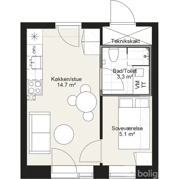 Plantegning viser en lejlighed med køkken/stue på 14,7 m², badeværelse/toilet på 3,3 m² og soveværelse på 5,1 m². Der er også en teknikskakt nær indgangen.