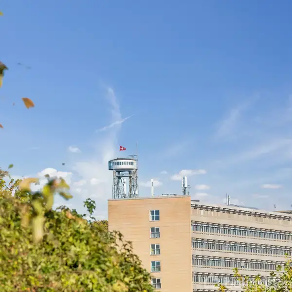 Bygning står stille i et grønt område med en blå himmel. En rund struktur med flag på toppen ses. Skyer danner bløde linjer, mens træer omkranser scenen.