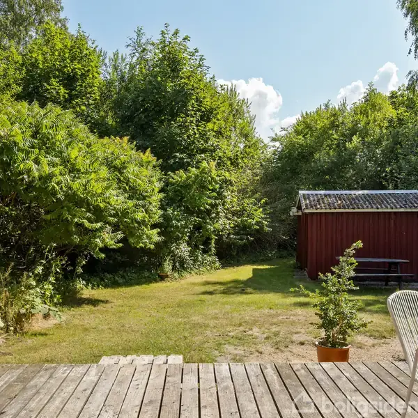 Træterrasse med to stole står ude i en grøn have mod en rød træskur. Omgivet af tætte buske og træer under en klar blå himmel.