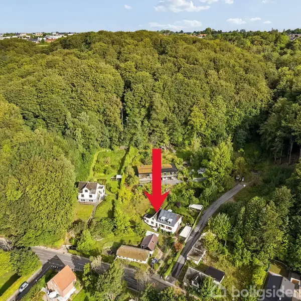Hvidt hus markeret med rød pil omgivet af tæt skov. Flere bygninger og veje ses omkring det, omgivet af frodig grøn natur.