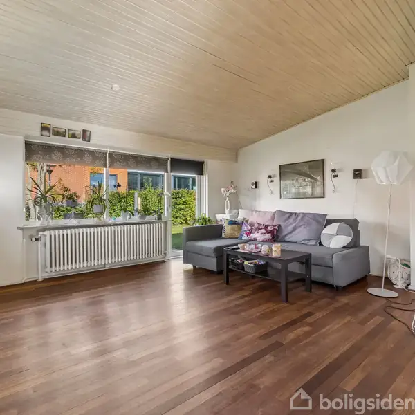 Stue med gråt hjørnesofa-arrangement ved vindue, hvor planter står på en radiator. Trægulvet er skinnende. I hjørnet står en høj gulvlampe. Væggen har billeder og malerier.
