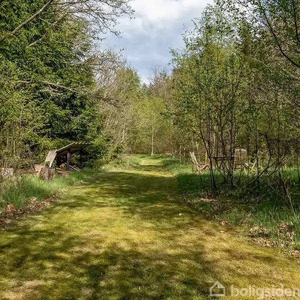En græssti strækker sig gennem en grøn skov med spredte træer. Et skilt til højre læser: "Private grounds - not allowed beyond this point." Skoven er frodig og stille.
