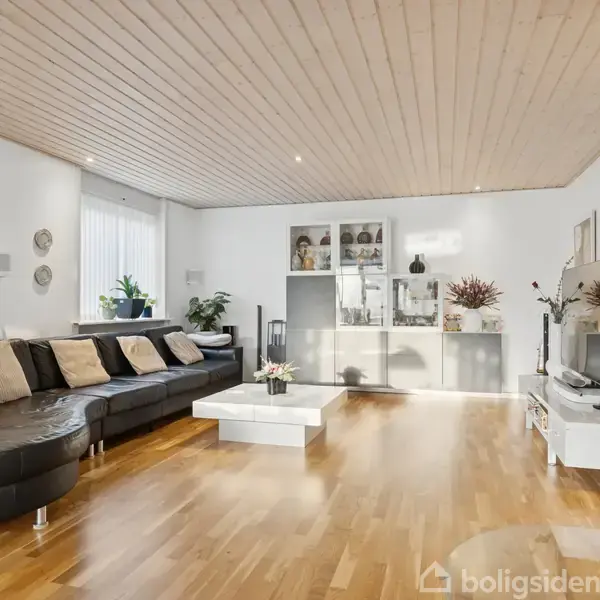 En sort, buet sofa står i en stue med trægulv, mens en moderne brændeovn opvarmer rummet. Væggen har reoler med pynt og planter, som skaber en hyggelig atmosfære.