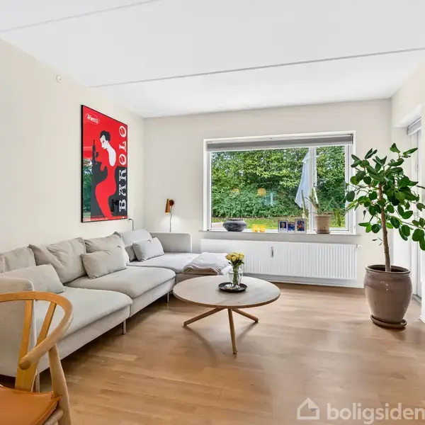 Stue med lysegrå sofa, rundt træbord med vase, og stor potteplante. Væggen prydes af en rød plakat med teksten "Barolo". Store vinduer giver udsigt til grøn bevoksning udenfor.