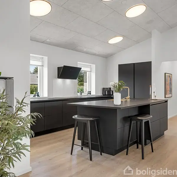 Et moderne køkken med en sort køkkenø, to barstole og planter til dekoration. Køkkenet har store vinduer, hvide vægge og trægulv i en lys og rummelig atmosfære.