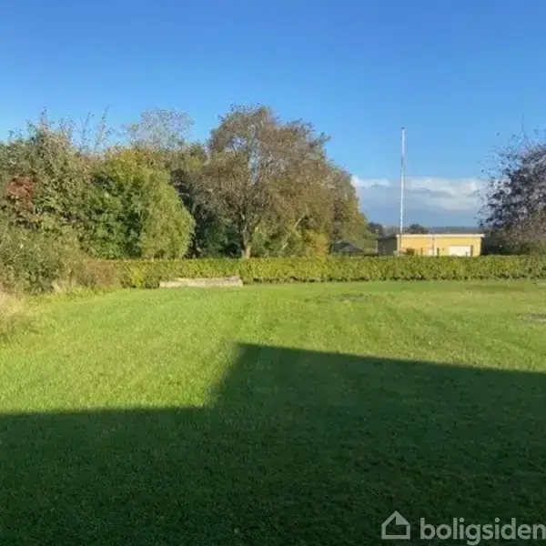 En grøn græsplæne strækker sig foran en række tætte buske og træer under en klar blå himmel. Skygger dækker delvist plænen. En flagstang og bygninger ses i baggrunden.
