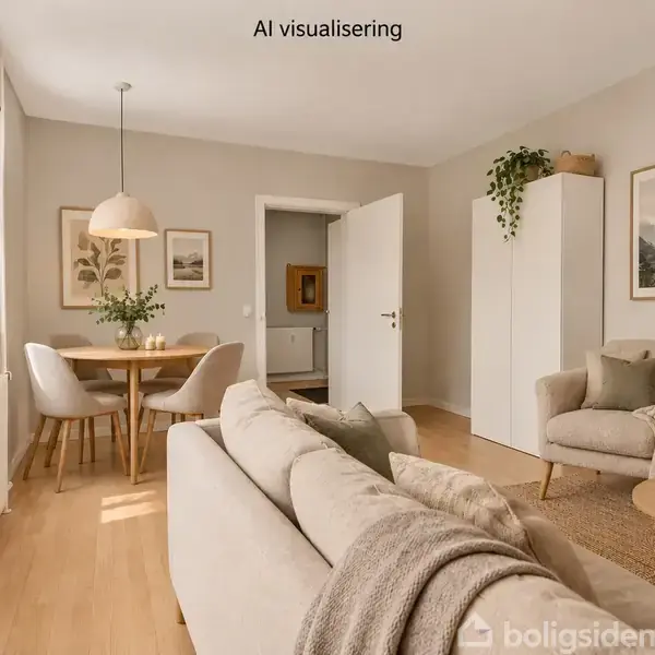 Stue med sofa og tæppe foran et rundt sofabord, ved siden af en lænestol. Et spisebord med stole står nær vinduet. Tekst: "AI visualisering".
