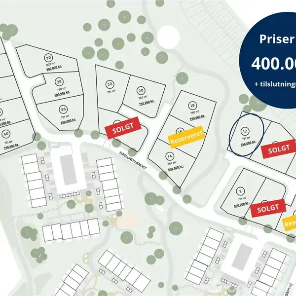 Kort viser byggegrunde med markerede statusser: "SOLGT" og "Reserveret". Tekst: "Priser fra 400.000,- + tilslutningsbidrag". Omfatter husnumre, grundstørrelser og en nærliggende bebyggelse samt grønne områder.