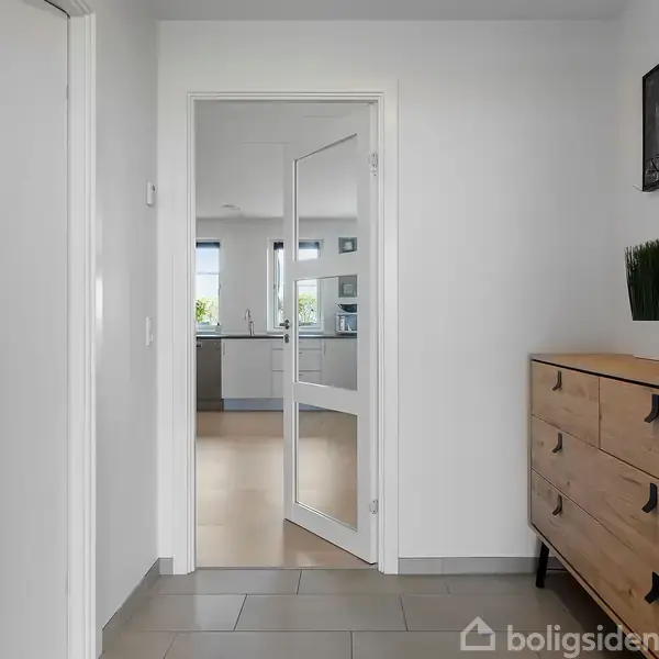 En moderne entré med skuffer på højre side leder ind til et lyst køkken. Døren er af glas, og lyset kommer fra vinduer i køkkenet. En plante står på kommoden.