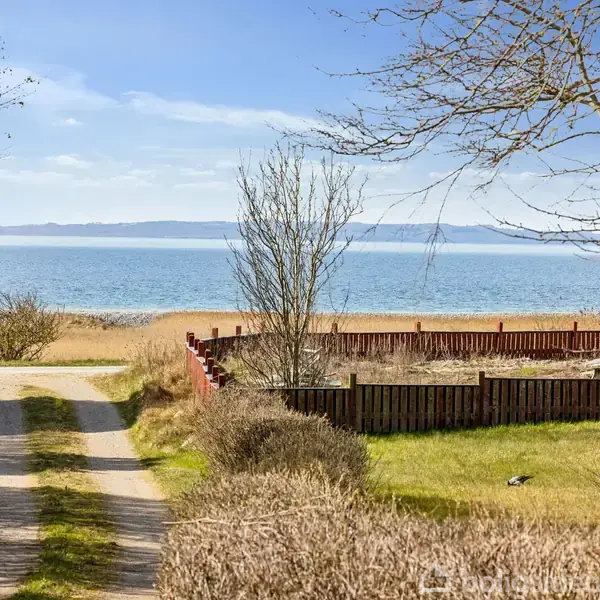 En grusvej fører mod havet, omgivet af buske og træer. En rød træterrasse omkranser en have. Havet glitrer i baggrunden under en klar, blå himmel.