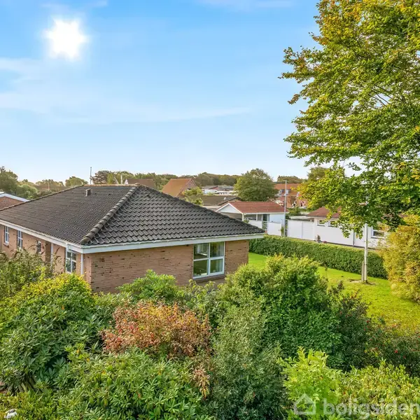 Et enkelt hus med sort tag står omgivet af grøn frodig have og blomster, beliggende i et roligt villakvarter med flere huse i baggrunden under en klar blå himmel.