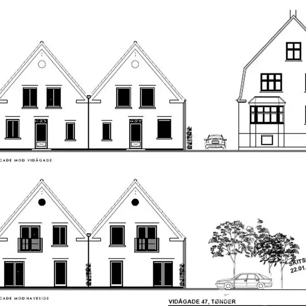 To huse med gavle vises i to perspektiver. Øverst set mod gaden, nederst mod haven. Træer og en bil ses ved siden af. Tekst: "Facade mod Vidågade", "Facade mod haveside", "Vidågade 47, Tønder", "Skitseforslag 22.01.2020", "Nytbyggeri Tvilling".