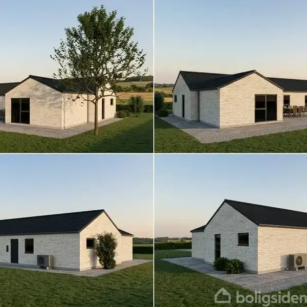 Et moderne hus med hvid murstensfacade og sort tag præsenteres fra forskellige vinkler. Det står på en grøn græsplæne omgivet af en åben himmel og et enkelt træ.