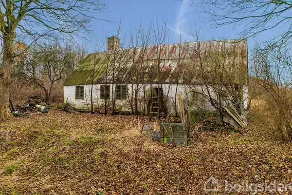 Et gammelt, forladt hus med et mosgroet tag står omgivet af nøgne træer og efterårsblade. Huset virker nedslidt og forladt, beliggende i et øde område.