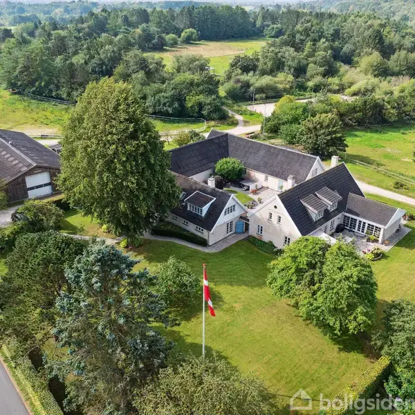 Stor villa med flere bygninger omgivet af grønne marker og træer. En flagstang med et dansk flag står i forhaven. Vejen løber langs ejendommen.