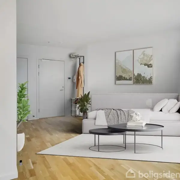 En stue med en hvid sofa på en lys tæppe. To små sorte borde står foran sofaen, der er dekoreret med puder og tæpper. Grønne planter pynter rummet.