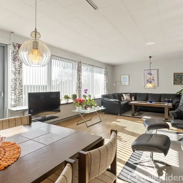 Stue med spisestue møbleret med træbord og stole, sofaer, lænestol, og fjernsyn. Store vinduer slipper lys ind; dekoreret med planter og lamper. Tegn på en hyggelig boligindretning.