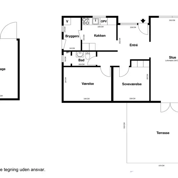 Grundplan viser en bolig med entré, køkken, bryggers, badeværelse, værelse, soveværelse, stue og terrasse. Til venstre ses en garage. Mærket med "Vejledende tegning uden ansvar."