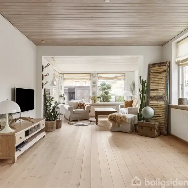 Stuen har lyse træplanker, en sofa med puder, et lille sofabord, en fladskærm på et træmøbel, planter omkring og store vinduer med udsigt til en terrasse.