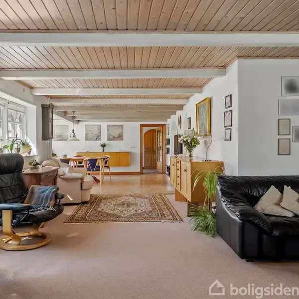 Sort lædersofa og lænestol står i en lys stue med træloft. Tæppe på gulvet, planter ved vinduerne, spisebord i baggrunden. Billeder hænger på væggen.