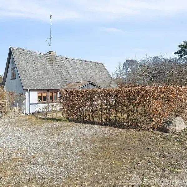 Et hus med en grå tag står ved siden af en hæk. Et nummer "284" er synligt på en stolpe i forgrunden. Omkring ligger der træer og en grusvej.
