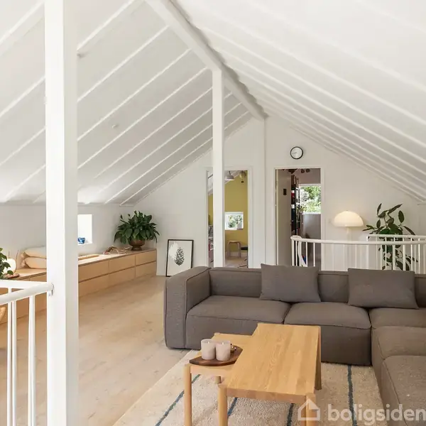 Grå sofa med træbord står i en lys, åben hemsomgivelse med skråt loft, hvide vægge og grønne planter. Rummet har store vinduer og minimalistisk indretning. Ingen tekst er synlig.