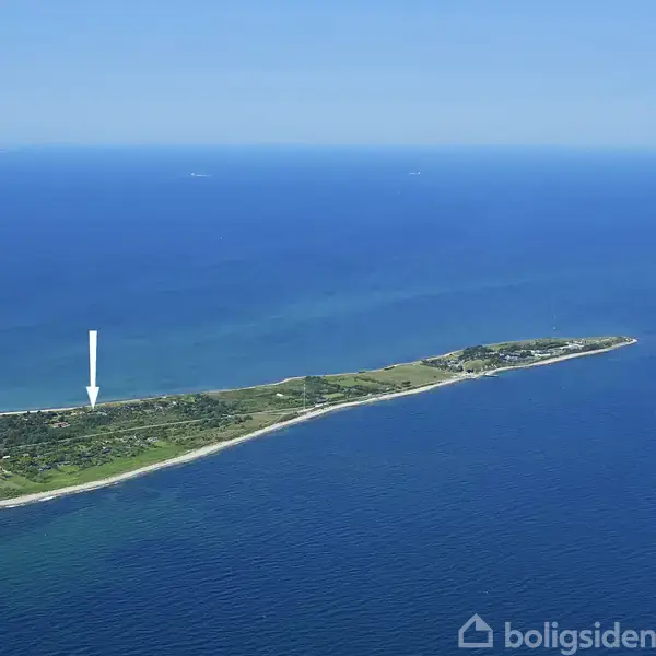 En langstrakt ø, dækket af grøn vegetation, ligger i havet. En hvid pil peger mod et specifikt punkt på øen under en klar blå himmel.