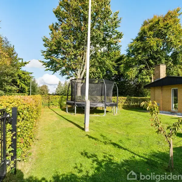 Trampolin står stille på en velplejet græsplæne. Baggrunden viser et hus af mursten og en frodig have med træer og buske. Atmosfæren er solrig og afslappende.