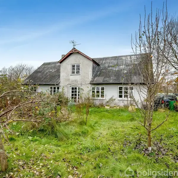 Et ældre hus står stille blandt overgroet græs og få træer i en have, omgivet af spredte buske under en klar blå himmel.