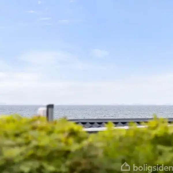 Flagstang står stille foran en udsigt over havet, med blå himmel og grønne buske i forgrunden.