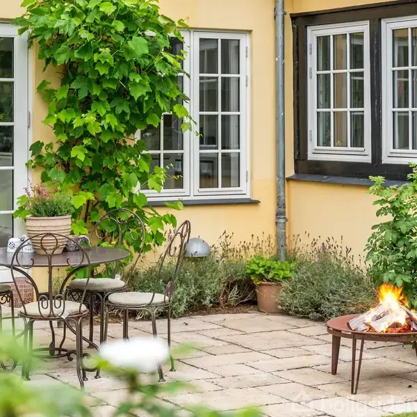 En jernbordssæt med stole står på en flisebelagt terrasse foran et gulmalt hus med klatreplanter. En ildsted skaber lys og varme ved siden af potteplanter og grønne buske.