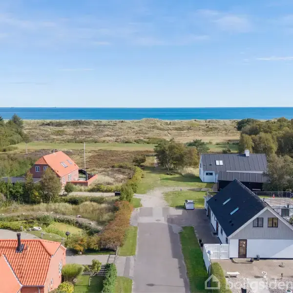 Huse med røde og sorte tage står langs en vej. I baggrunden ses en skov og havet mod horisonten under en klar blå himmel.