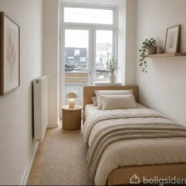 En enkeltseng med hvide og beige sengetæpper står i et lysfyldt, minimalistisk rum. Ved siden af sengen er et rundt natbord med lampe; dekorationer omfatter kunst på væggen og en hylde med planter. Balkondøre fører til en udendørs udsigt.