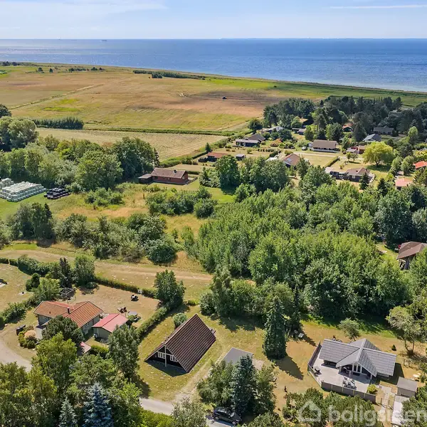 Huse ligger spredt blandt træer og grønne områder ved kysten. Bag dem strækker havet sig ud i horisonten under en klar blå himmel.