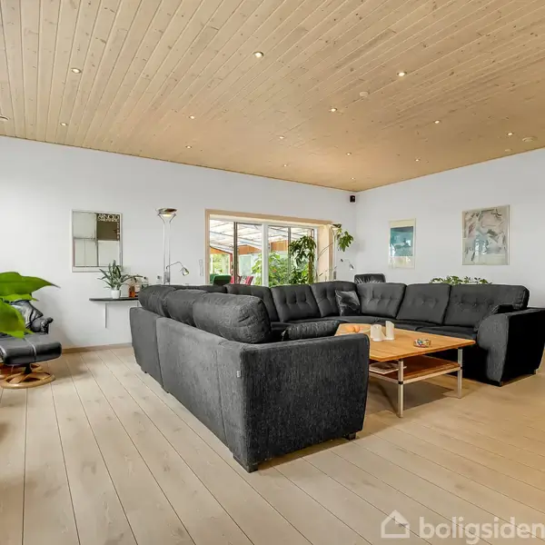 Sort hjørnesofa står centralt i en lys stue med trægulv og træloft. Rummet er fyldt med planter og dekorationer, og store vinduer giver naturligt lys.