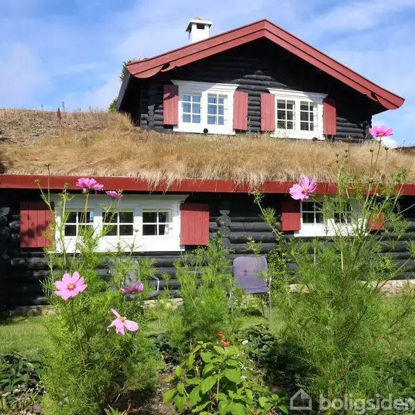 Sort bjælkehus med græstag og røde skodder står i solbeskinnet have. Lyserøde blomster vokser foran huset, omgivet af grønt græs og klar blå himmel.