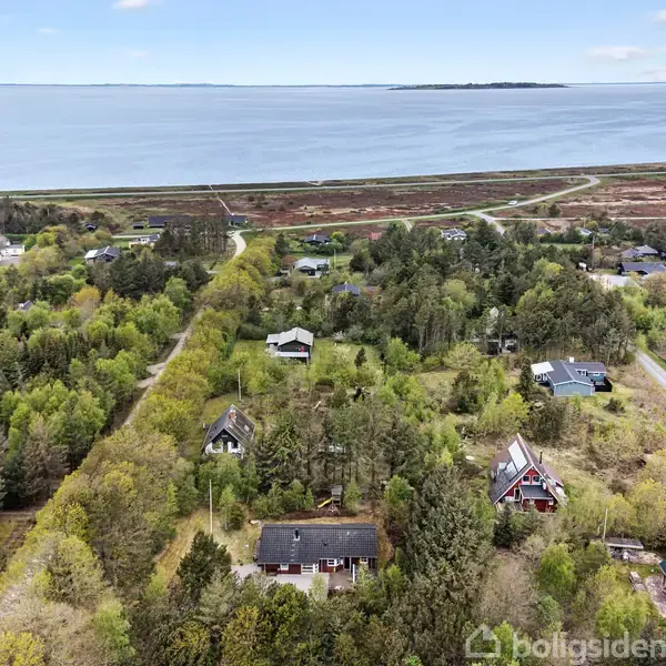 Et område med flere huse omgivet af tæt, grøn bevoksning. Husene ligger i en skovklædt landskab nær en bred vandflade, mens en vej snor sig gennem området.