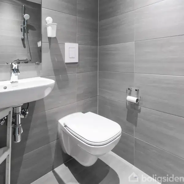 Håndvask med spejl hænger på væggen, sammen med en sæbedispenser. Til højre, en væghængt toilet og toiletpapirholder. Gråt flisebeklædt badeværelse giver et moderne udtryk.
