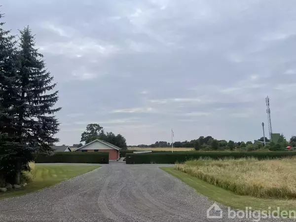 En lang indkørsel fører til et hus omgivet af marker og træer. Skyet himmel over en landlig landskab. En mast ses i højre baggrund.
