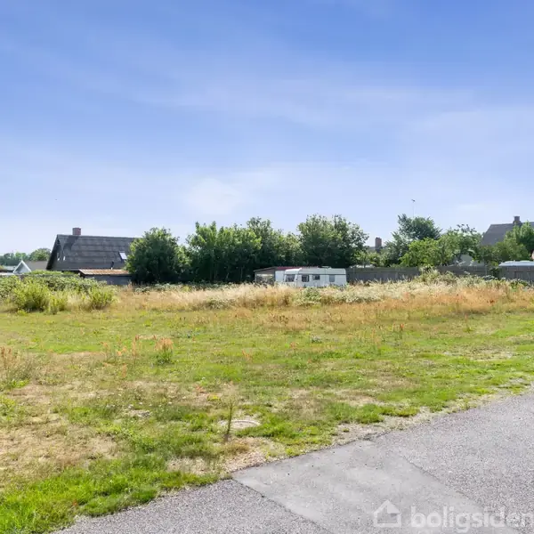 En åben græsmark med spredte buske ligger ved siden af en asfalteret vej. I baggrunden ses flere huse omkranset af træer under en klar blå himmel.