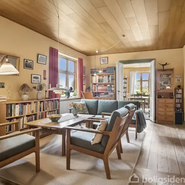 En stue med træmøbler og polstrede stole om et sofabord. Reoler fyldt med bøger omgiver rummet, og store vinduer med røde gardiner lader lys strømme ind.