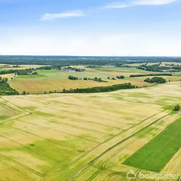Markerede marker strækker sig over et stort, åbent landskab med grønne, gyldne marker, der krydses af spor. I baggrunden ses spredte træer og fjerne bygninger under en blå himmel.