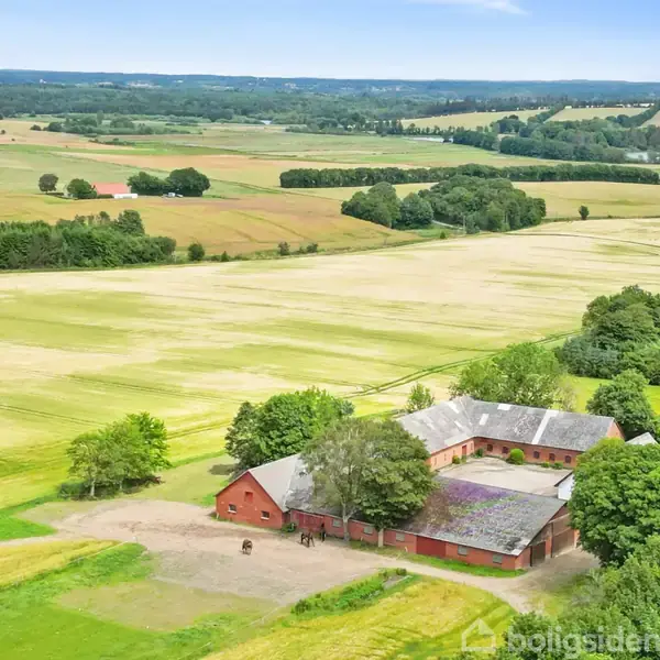 En gård med røde bygninger står stille omgivet af grønne marker og træer. Landskabet strækker sig langt, med bløde bakkedrag i horisonten under en blå himmel.