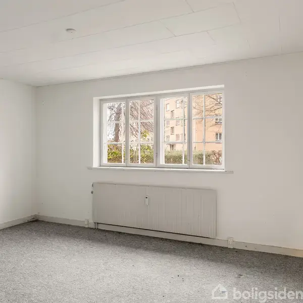 Et tomt, lyst rum med gråt gulvtæppe. Der er et vindue mod en bygning udenfor. En radiator er placeret under vinduet. Døren står på klem til højre.