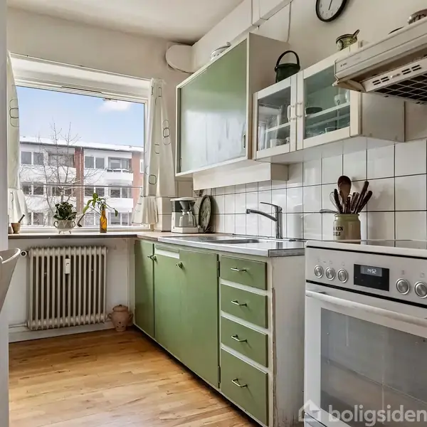 Et køkken med grønne skabe står stille. Beige fliser dækker væggen over en hvid komfur. Sollys strømmer ind gennem et vindue ved siden af en opvarmningsradiator.