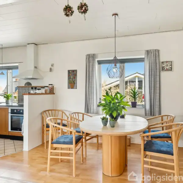 Et rundt spisebord med seks træstole omgivet af lys fra to vinduer. Planter dekorerer bordet og hjemmets køkkenområde ses i baggrunden med komfur og emhætte.