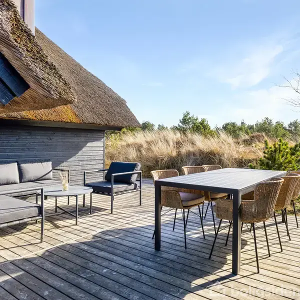 Terrasse med havemøbler; sofa, borde og stole står på en træterrasse. Græs og buske omkranser området under en blå himmel, hvilket skaber en afslappet atmosfære.