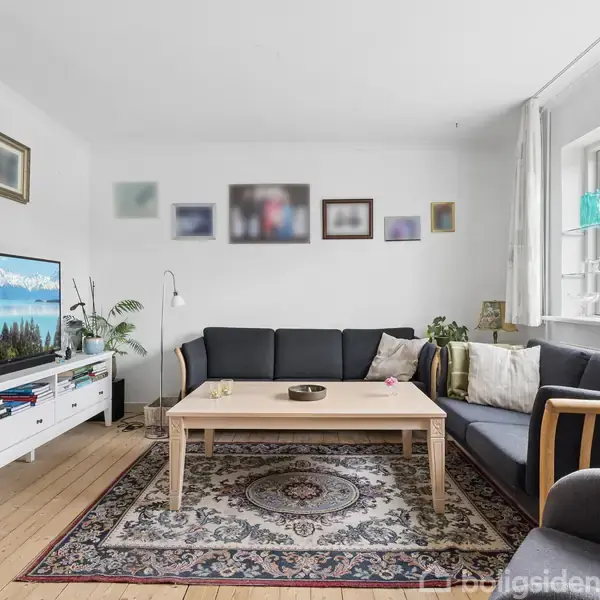 Stue med mørk sofa, sofabord, og tæppe. Fjernsyn viser naturbillede. Vægge har billedrammer, og vindueskarm er dekoreret med vaser. Rummet er lyst med trægulv.