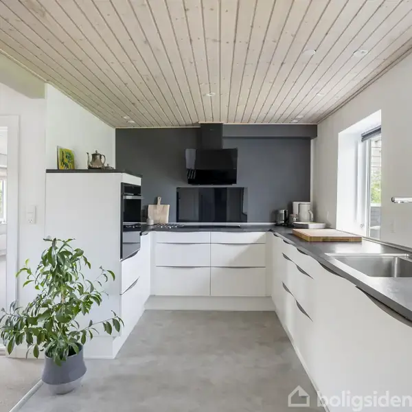 Et moderne hvidt køkken med indbyggede apparater og en sort emhætte. En plante står i et hjørne. Store vinduer giver naturligt lys, og der er en åbning til en anden stue.